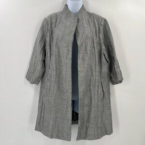 Eileen Fisher L Minimalist Crinkle Jacket 3/4 Sleeve Mandarin Collar Linen Blend